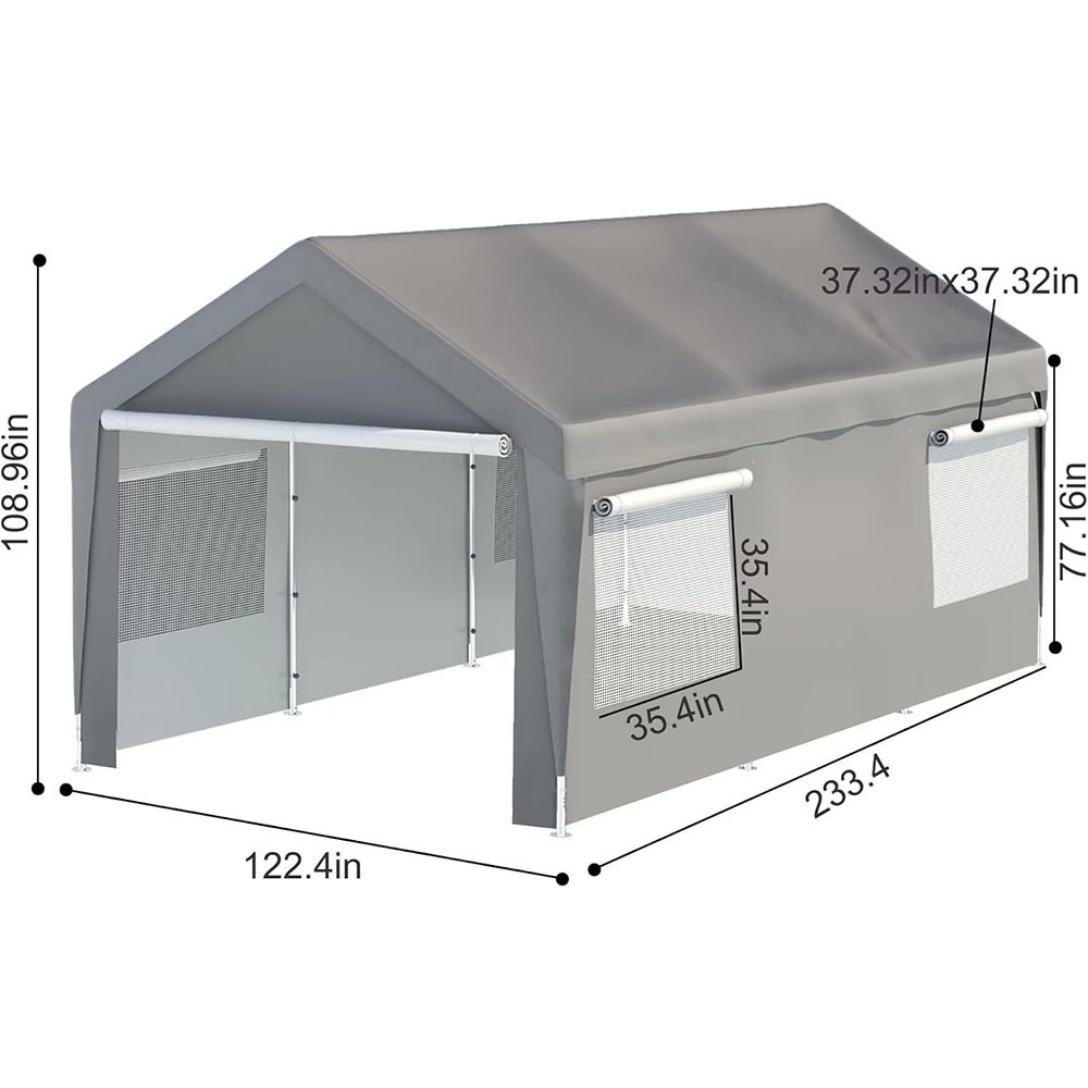 Garage carport with roll-up ventilation window, car shelter with side tarpaulin, suitable for cars, trucks, boats