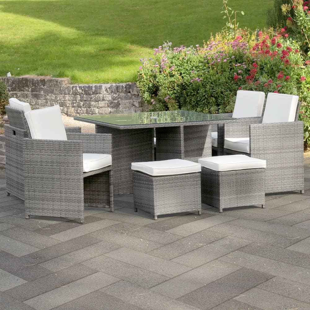 Harts Premium Rattan Dining Set, Cube 8 Seats Garden Patio Conservatory Furniture inc Rain Cover & Parasol (Grey Rattan)