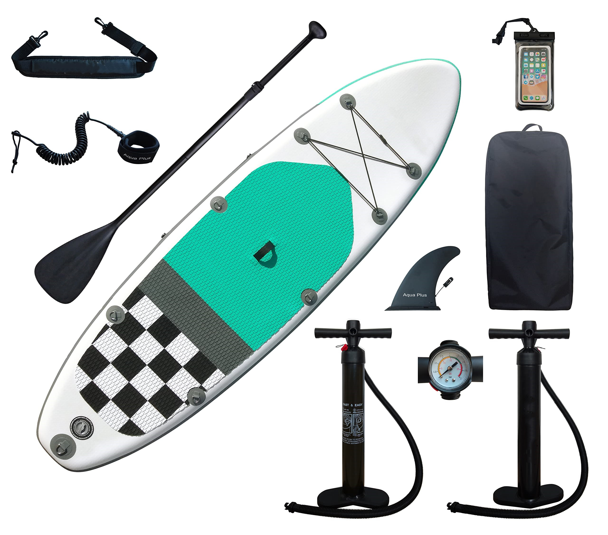 Aqua Plus 6inches Thick Inflatable SUP for All Skill Levels Stand Up Paddle Board,Paddle,Double Action Pump,ISUP Travel Backpack, Leash,Shoulder Strap,Youth,Adult Inflatable Paddle Board