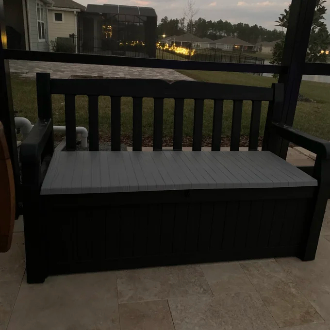 【Storage Shed】Solana Chic Elegant Wood-Look Storage Bench with Comfy Durable Weather Resistance Sitting