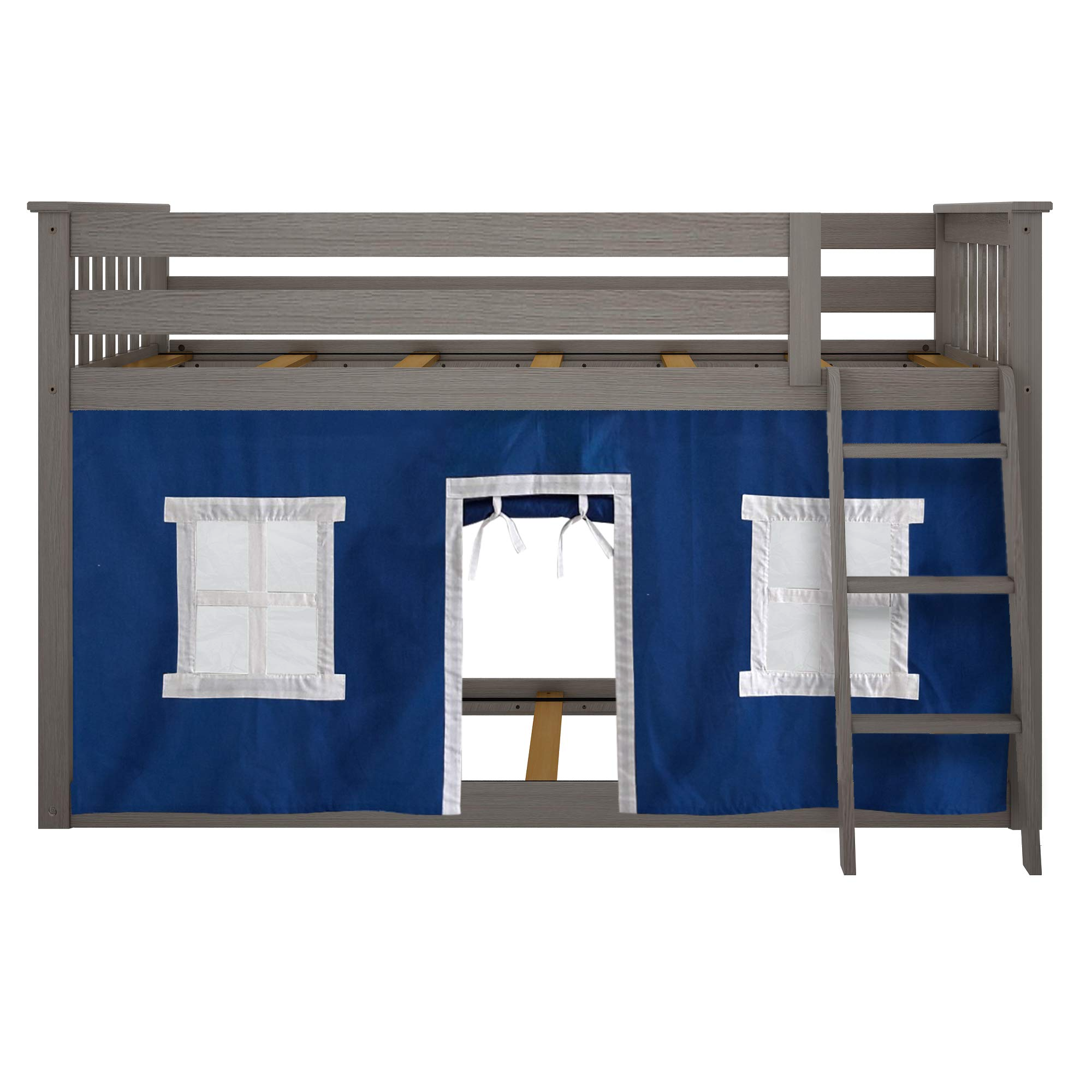 【Furniture】【BS】Low Bunk Bed, Twin-Over-Twin Bed Frame for Kids with Curtains for Bottom, Clay/Blue